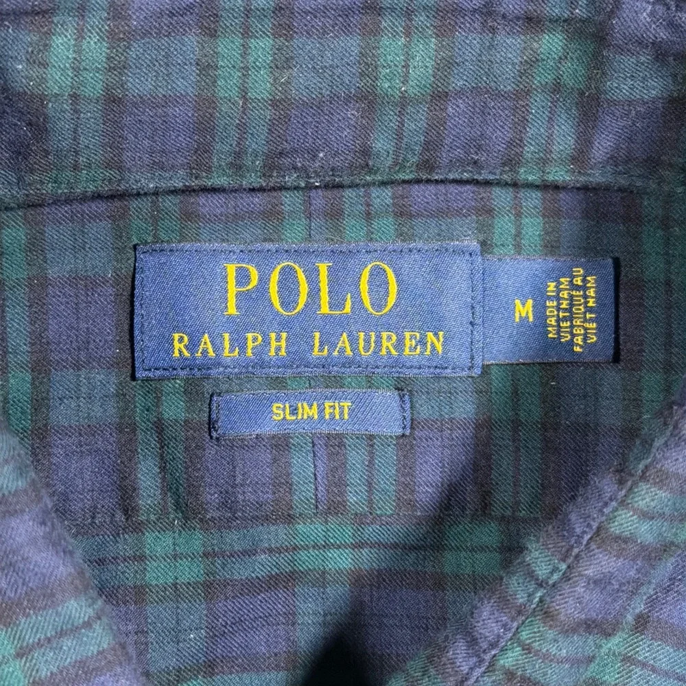Polo Ralph Lauren Button Up Shirt Mens M Green Tartan Plaid Slim Fit Long Sleeve